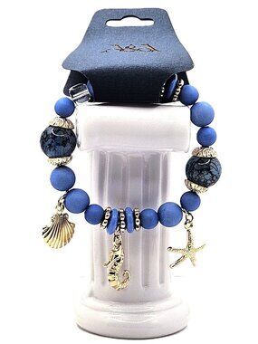Blue Coastal Charm Bracelet, Gold Tone Seahorse Shell Starfish Bracelet, Beach